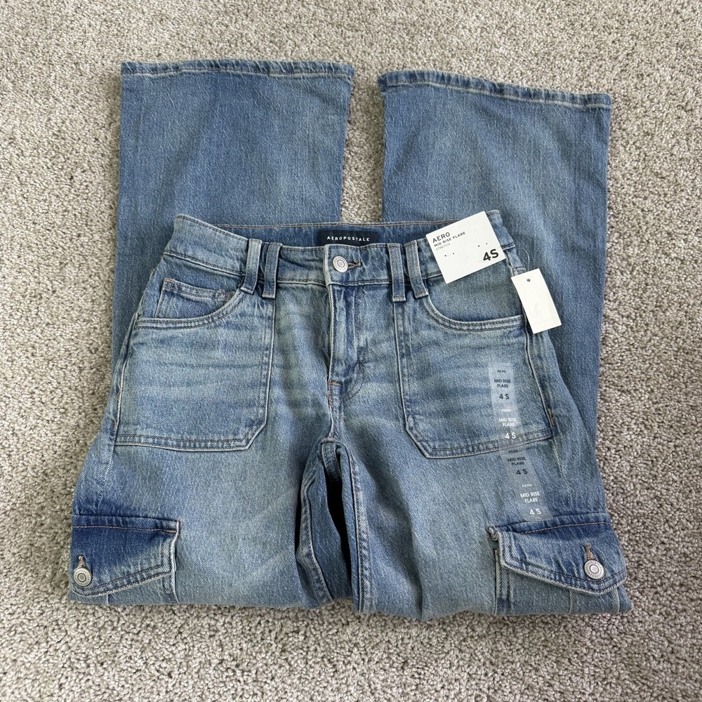 Aeropostale Mid Rise Flare Cargo Jeans Womens 4S Med Wash Blue Stretch Denim